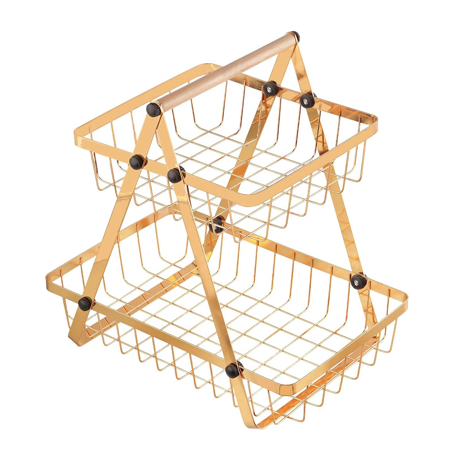 Panier à Fruits et Légumes 2 Étages Inoxydable avec Poignée en Bois-4