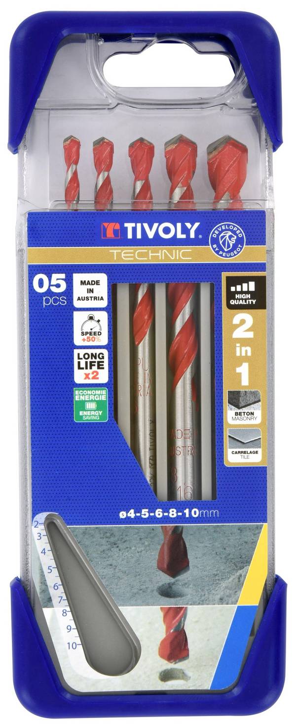 Coffret de 5 forets 2-en-1 béton-carrelage Tivoly Technic Ø 4-5-6-8-10 mm