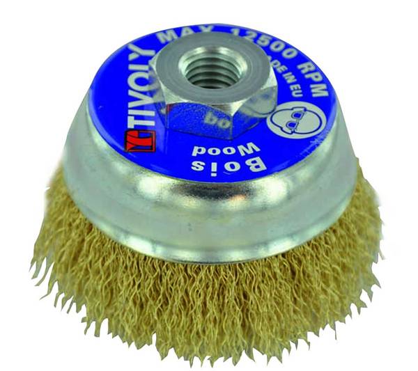 Brosse Coupe Ø80mm M14 pour meuleuse - Acier laitonné ondulé - Décapage bois/cuivre Tivoly