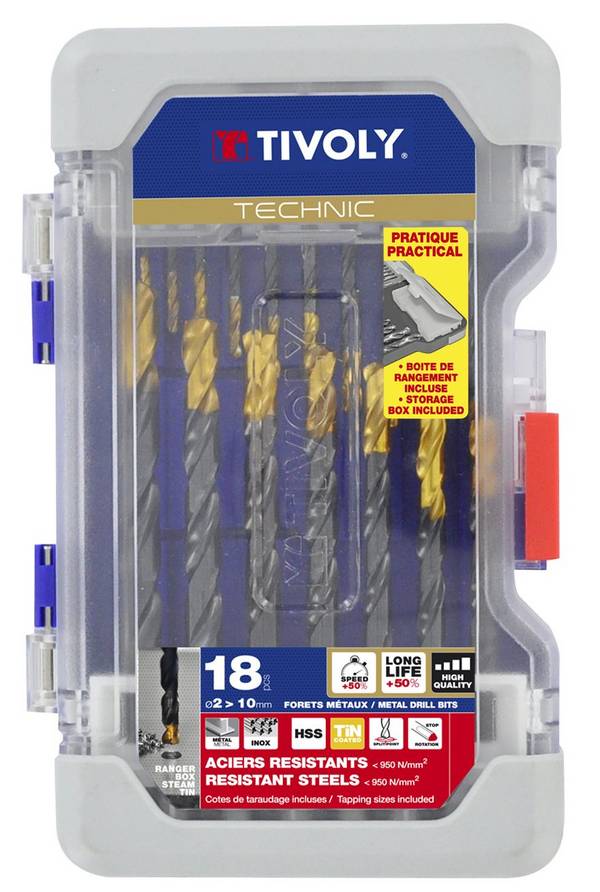 Coffret Ranger Tivoly - 18 forets métaux HSS STEAM TiN (ø2 à 10 mm)