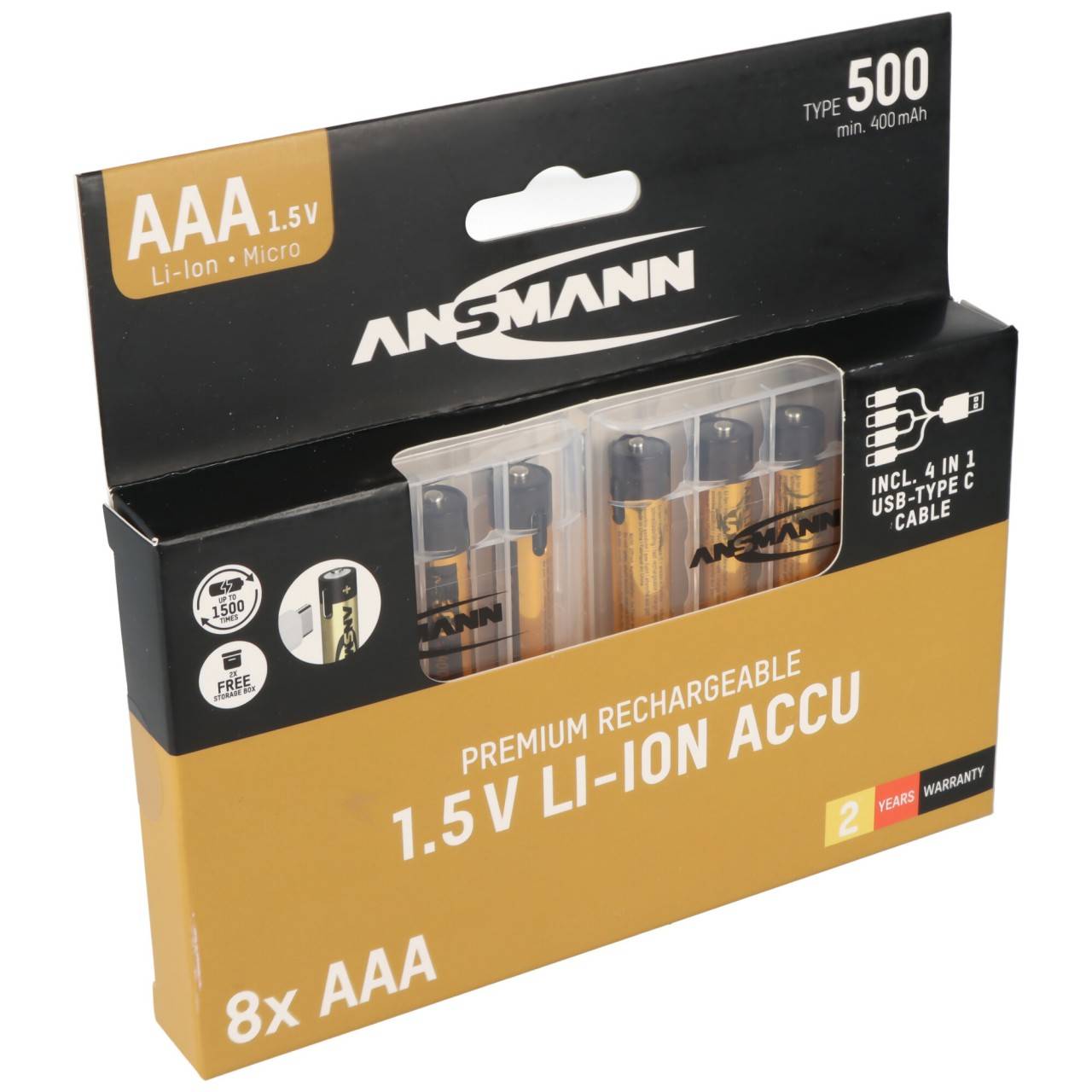 Lot de 8 piles rechargeables Li-Ion Ansmann Premium Micro AA 500 mAh, avec chargement USB-C, comprenant 2 boîtiers à...-0