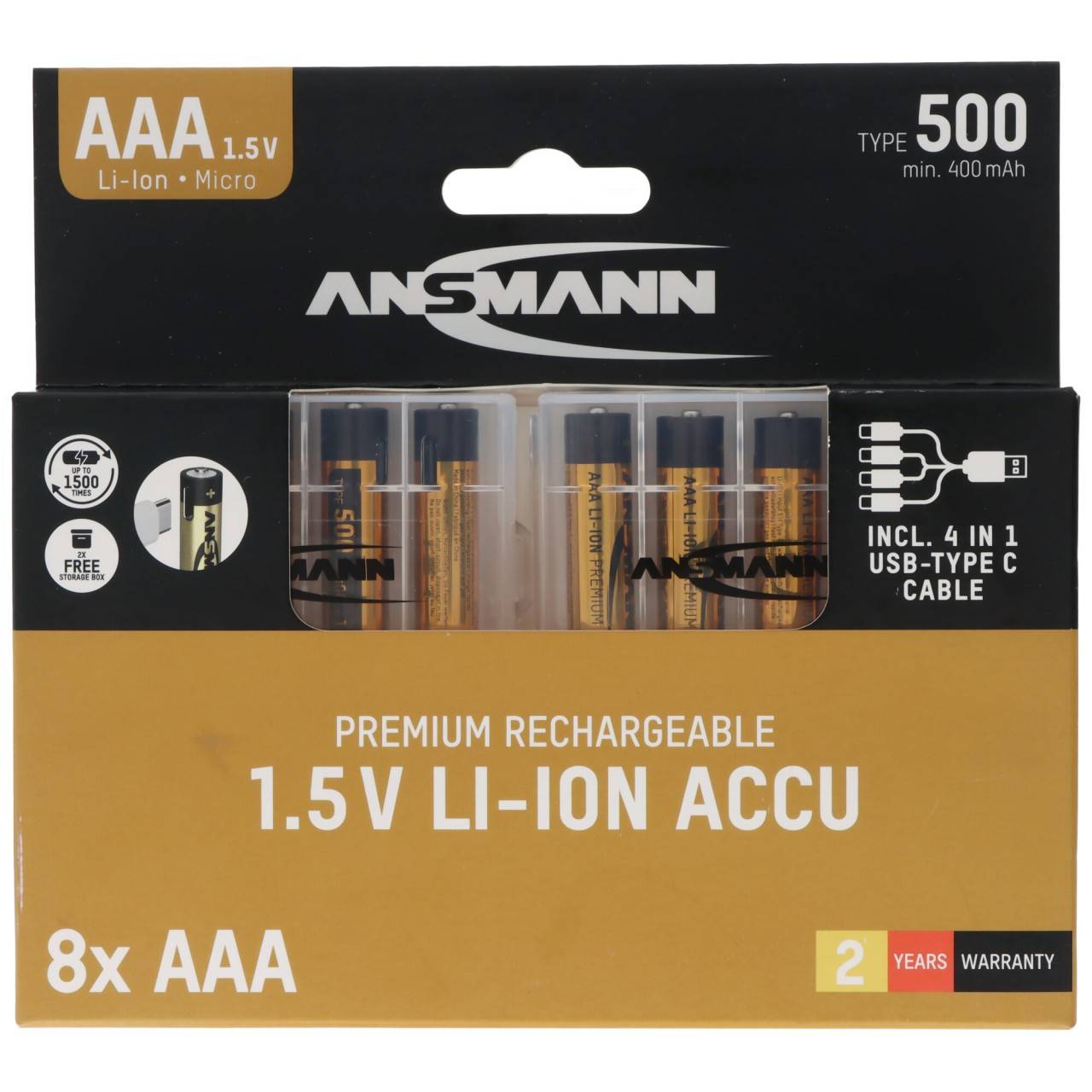 Lot de 8 piles rechargeables Li-Ion Ansmann Premium Micro AA 500 mAh, avec chargement USB-C, comprenant 2 boîtiers à...-3