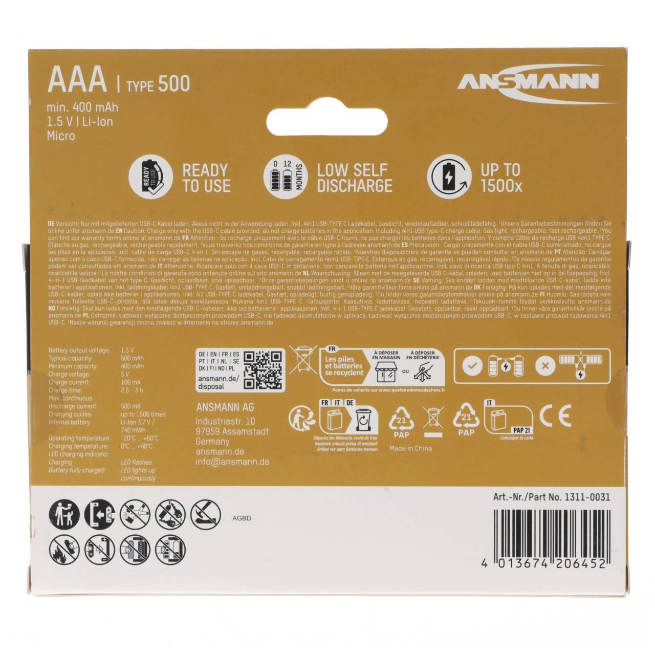 Lot de 8 piles rechargeables Li-Ion Ansmann Premium Micro AA 500 mAh, avec chargement USB-C, comprenant 2 boîtiers à...-4