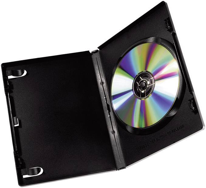 Un boîtier DVD noir ouvert avec un DVD chatoyant à l'intérieur, fixé dans un support circulaire au centre du boîtier.