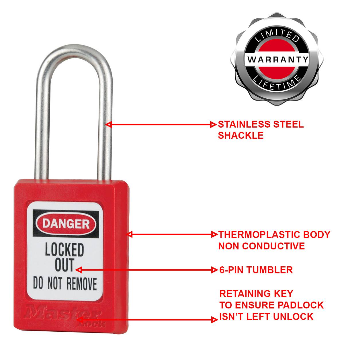 Master Lock S31RED Cadenas de Consignation en Thermoplastique pour Installations Mécaniques, Rouge, Anse 3,8 x 1,6 cm-3