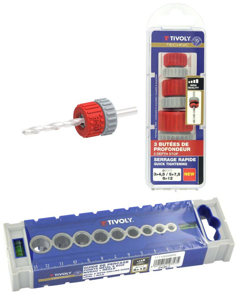 Guide de perçage Tivoly PILOT 5 Ø4-12 mm + 3 butées de profondeur pour forets 3-5 / 5-8 / 8-12 mm-0
