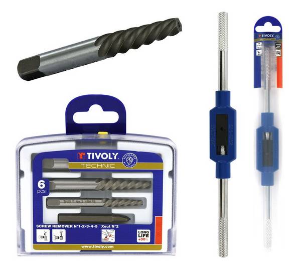 Kit extracteurs vis cassées Tivoly M4-M18 + tourne-à-gauche + X-Out Ø2-8 mm + porte-taraud M4-M12