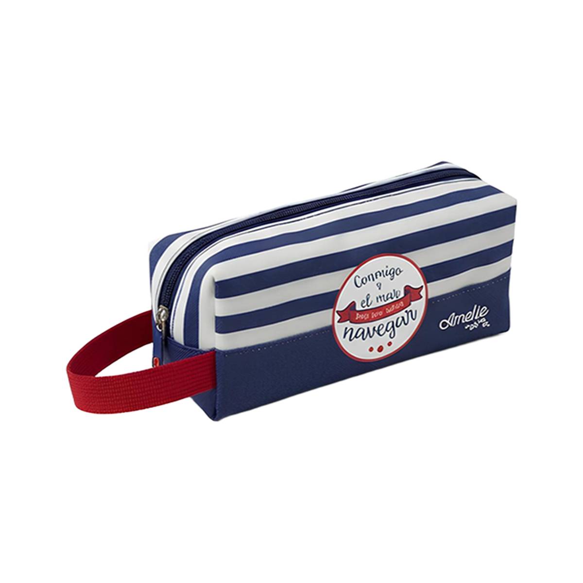 Trousse à Crayons à Rayures Zippée avec Écusson Frontal Brodé et Sangle Latérale-1
