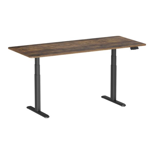 Bureau motorisé assis-debout 180x75cm, Plateau brun rustique à bords arrondis/Pied noir