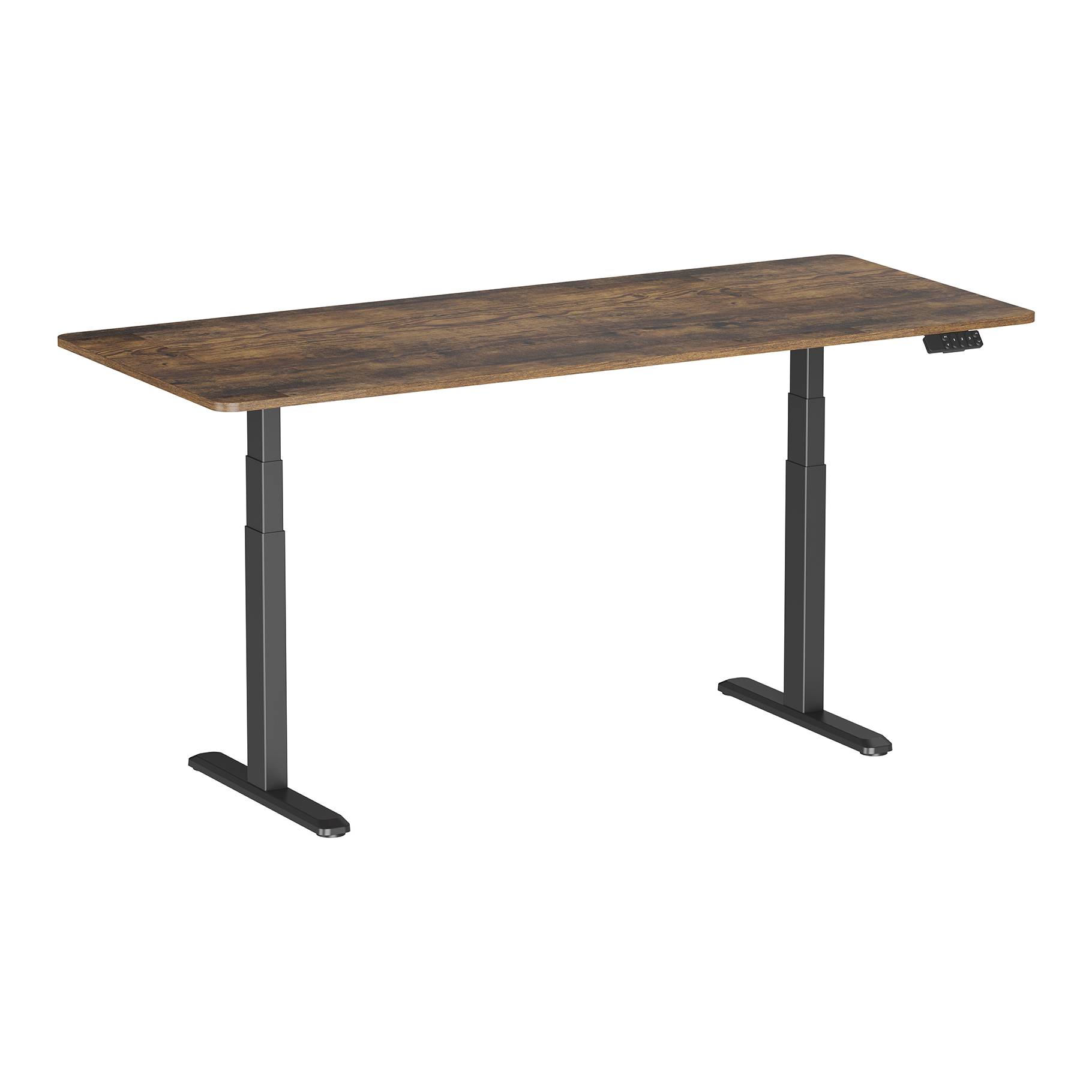 Bureau motorisé assis-debout 180x75cm, Plateau brun rustique à bords arrondis/Pied noir-0
