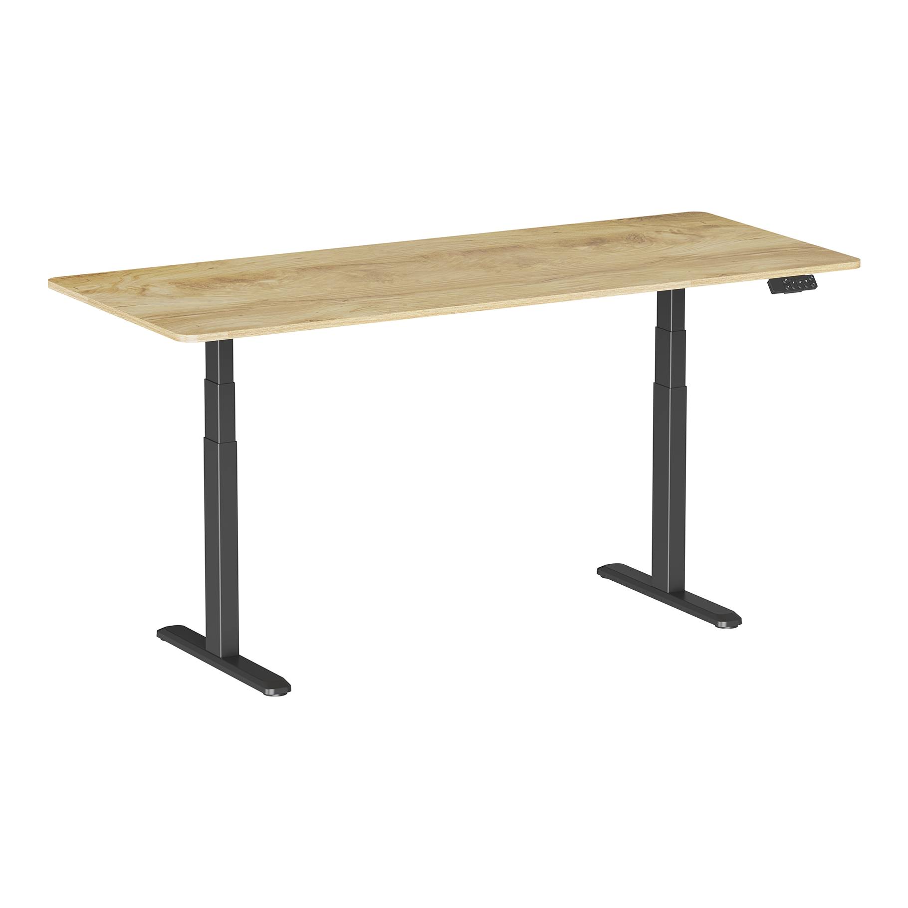 Bureau motorisé assis-debout 180x75cm, Plateau bois clair rustique à bords arrondis/Pied noir-0