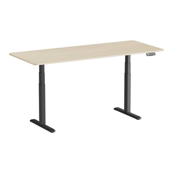 Bureau motorisé assis-debout 180x75cm, Plateau bois naturel à bords arrondis/Pied noir