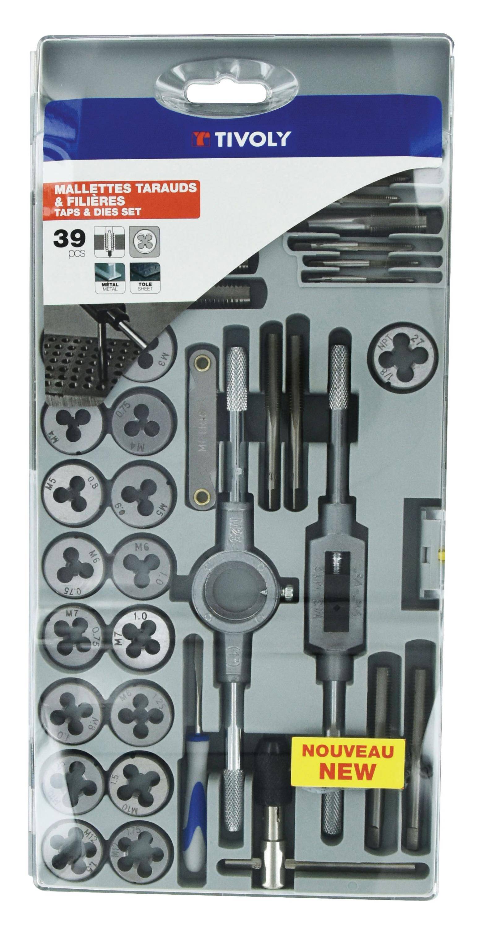 Tivoly - Coffret filetage manuel 39 pièces : 17 tarauds + 17 filières M3 à M12 & MF4 à MF12 + accessoires-0