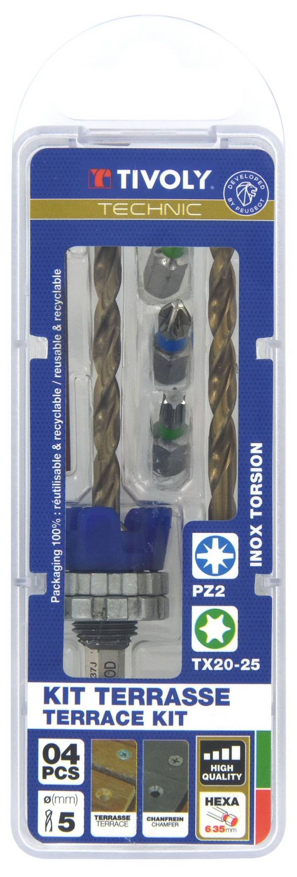 Kit Terrasse Foret & Fraisoir 2 en 1 HSS Ø5mm Bois-Métal + 3 Embouts Inox - Tivoly