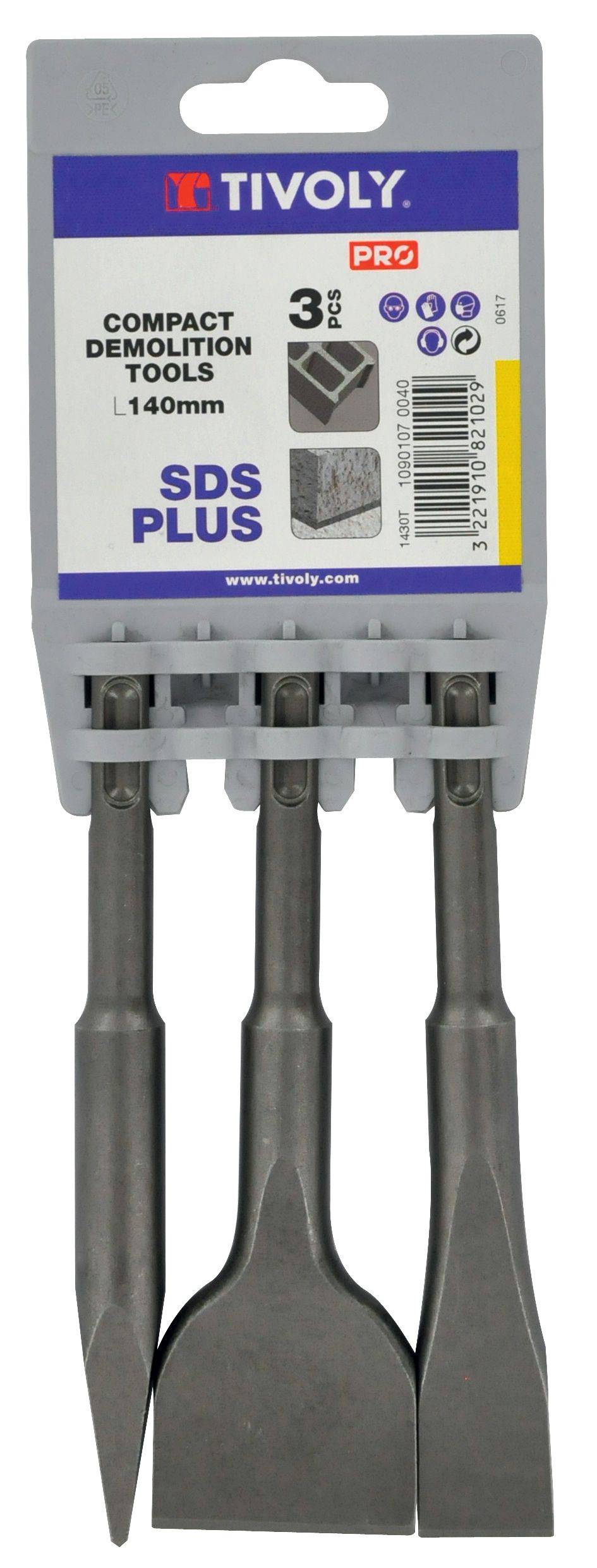 Lot de 3 pic et burins SDS+ extra courts - Longueur 140 mm - Kit Kompact Tivoly-0
