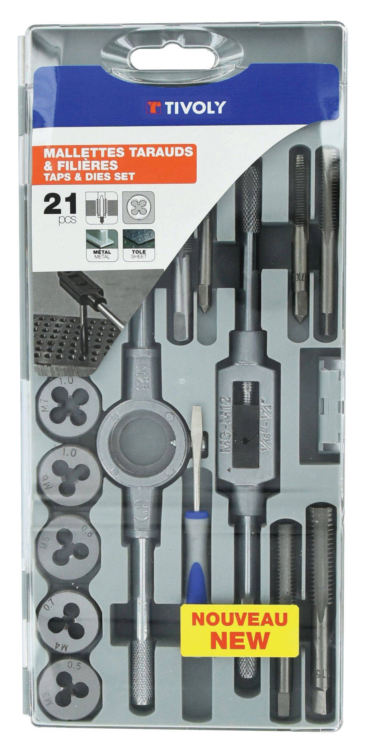 Tivoly coffret filetage manuel 21 pièces tarauds et filières M3-M12 avec accessoires-0