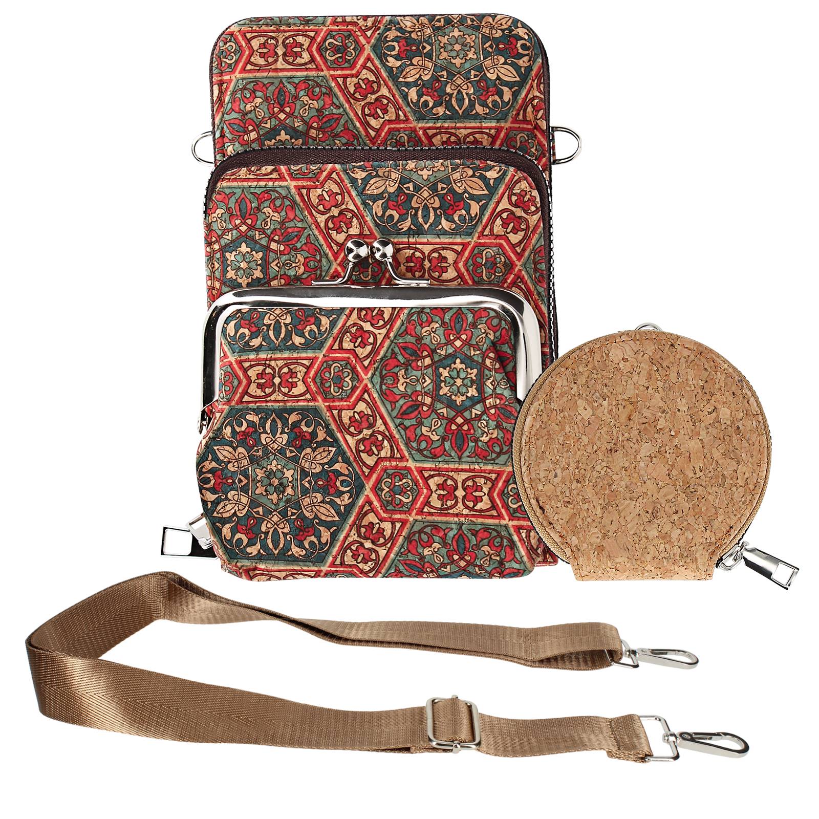 Sacoche en Liège Bandoulière Triple Poche Porte monnaie Motif Lys-1