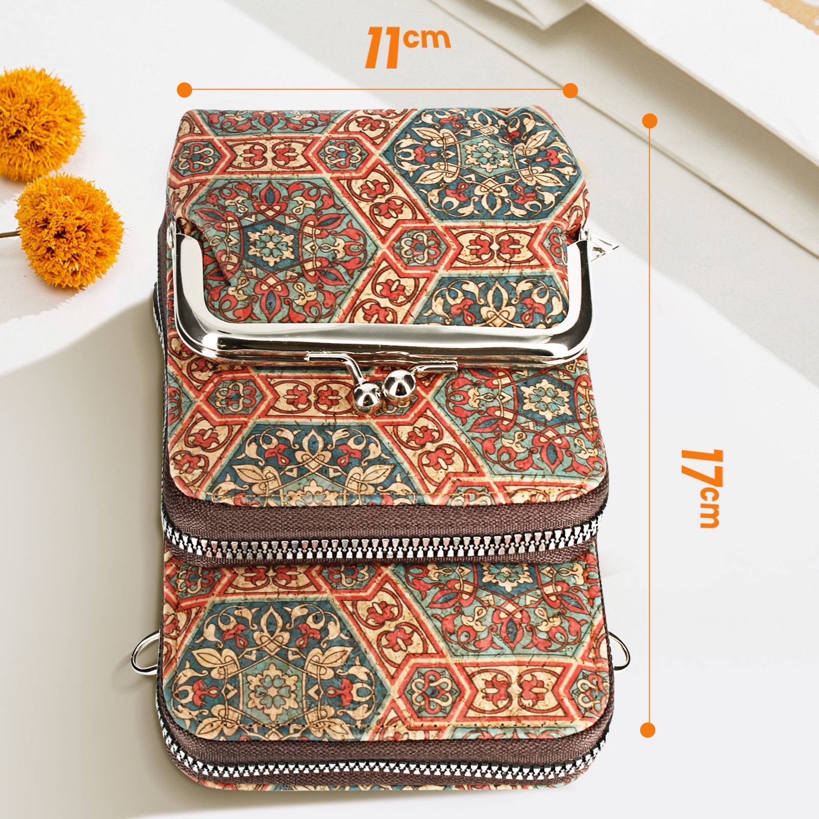 Sacoche en Liège Bandoulière Triple Poche Porte monnaie Motif Lys-3