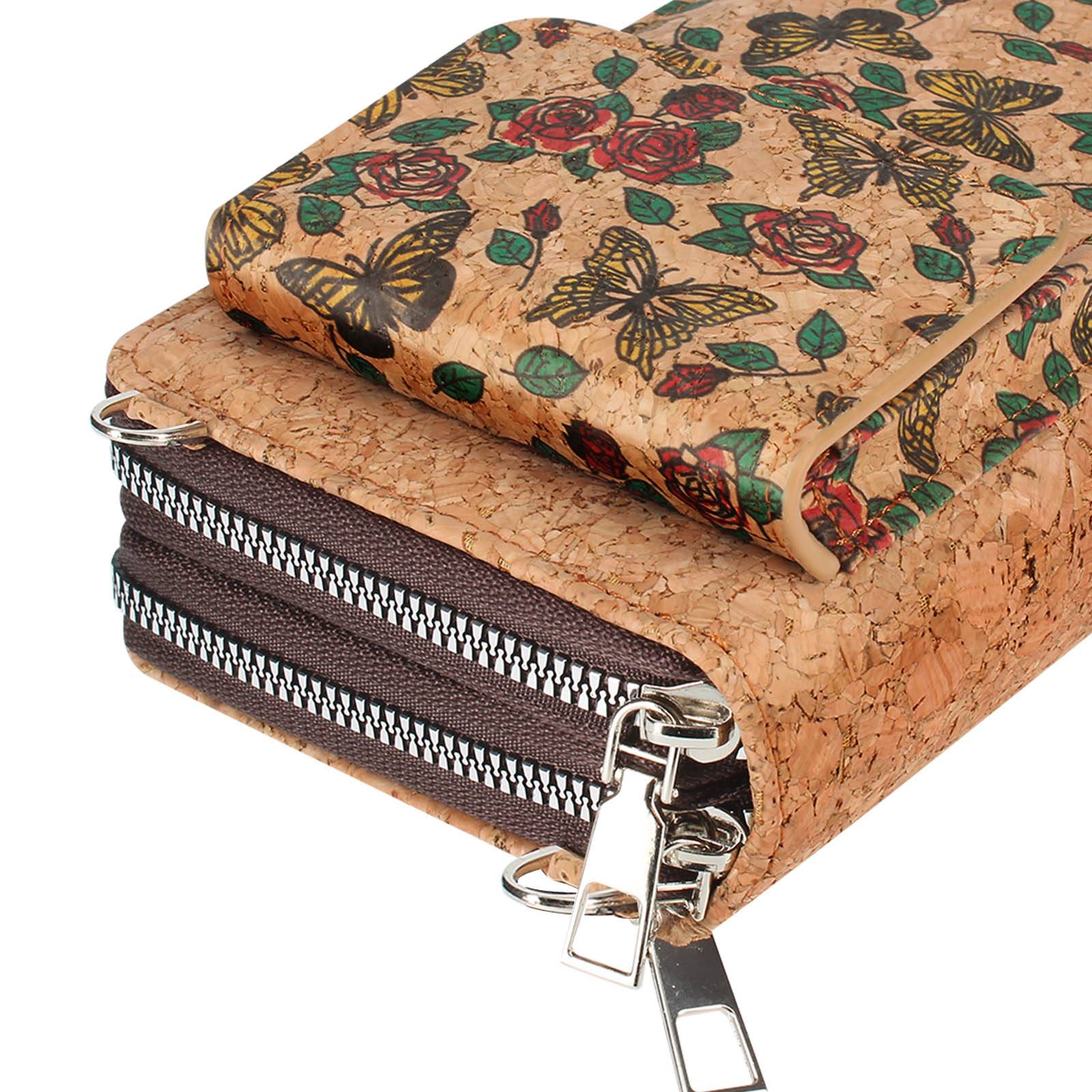 Sacoche en Liège Bandoulière Triple Poche Magnétique Motif Papillon-0