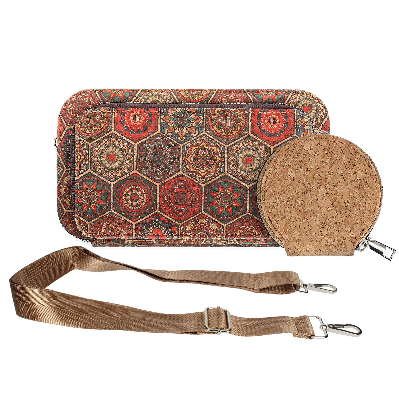 Pochette en Liège Bandoulière Triple Poche Zip Motif Hexagonale-1