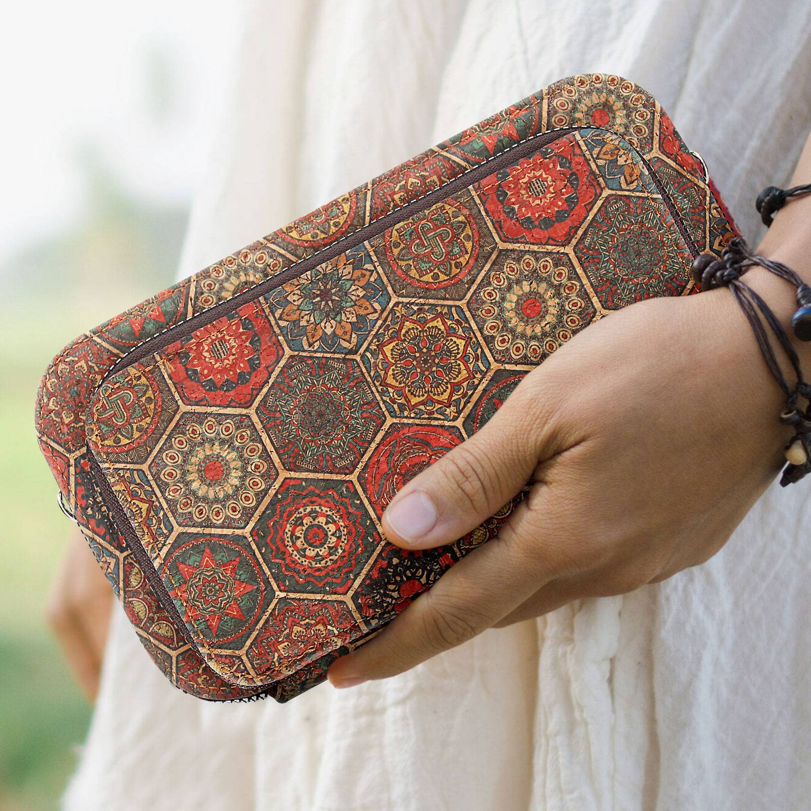 Pochette en Liège Bandoulière Triple Poche Zip Motif Hexagonale-2