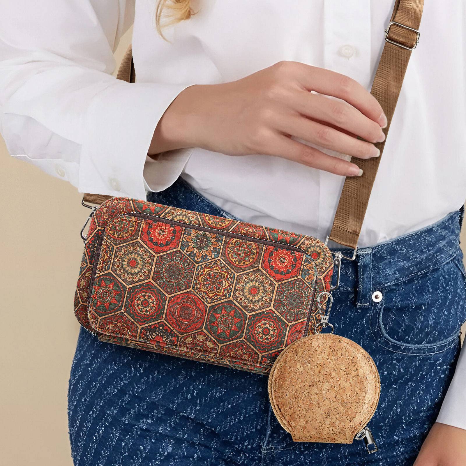 Pochette en Liège Bandoulière Triple Poche Zip Motif Hexagonale-4