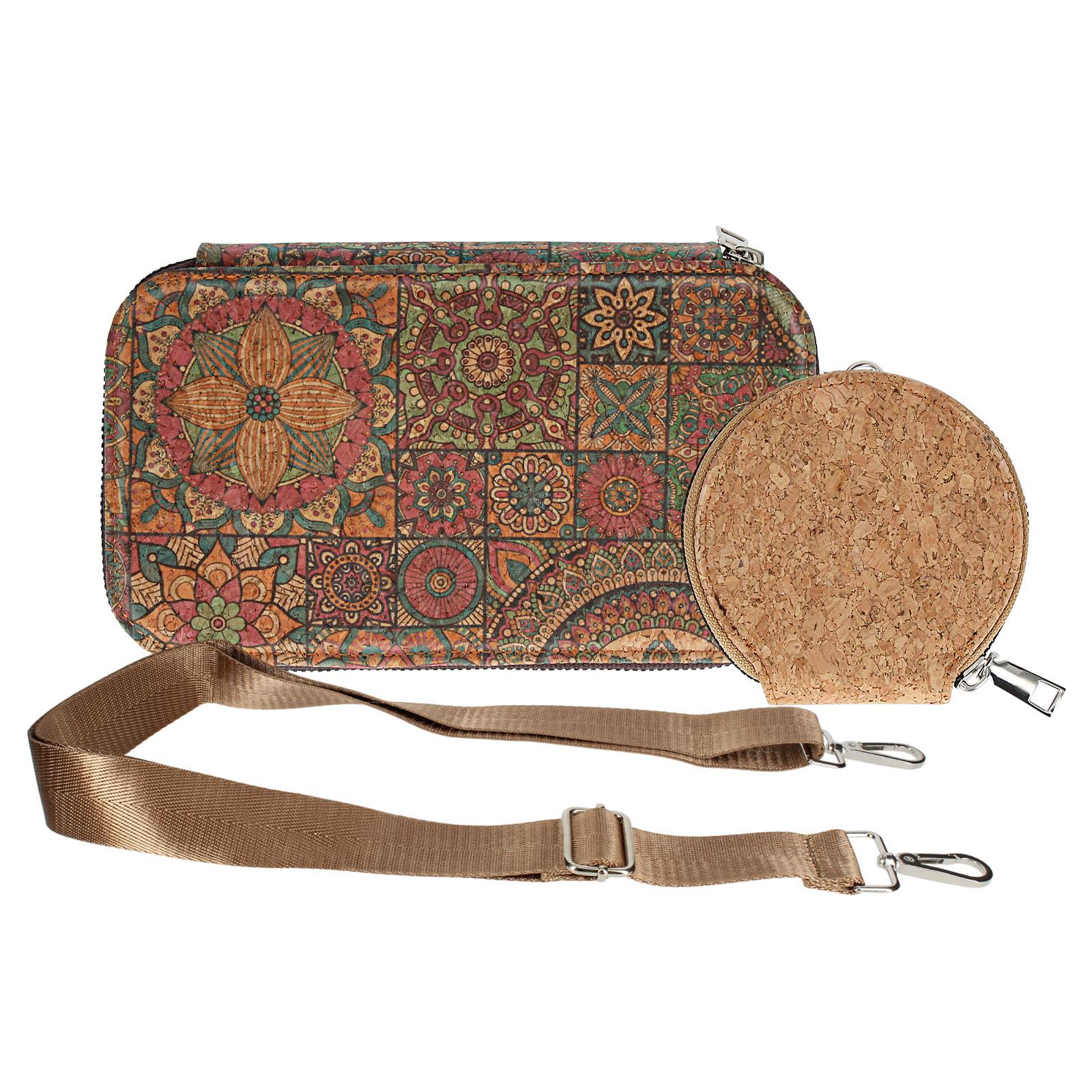 Pochette en Liège Bandoulière Double Grande Poche Zip Motif Mandala-1