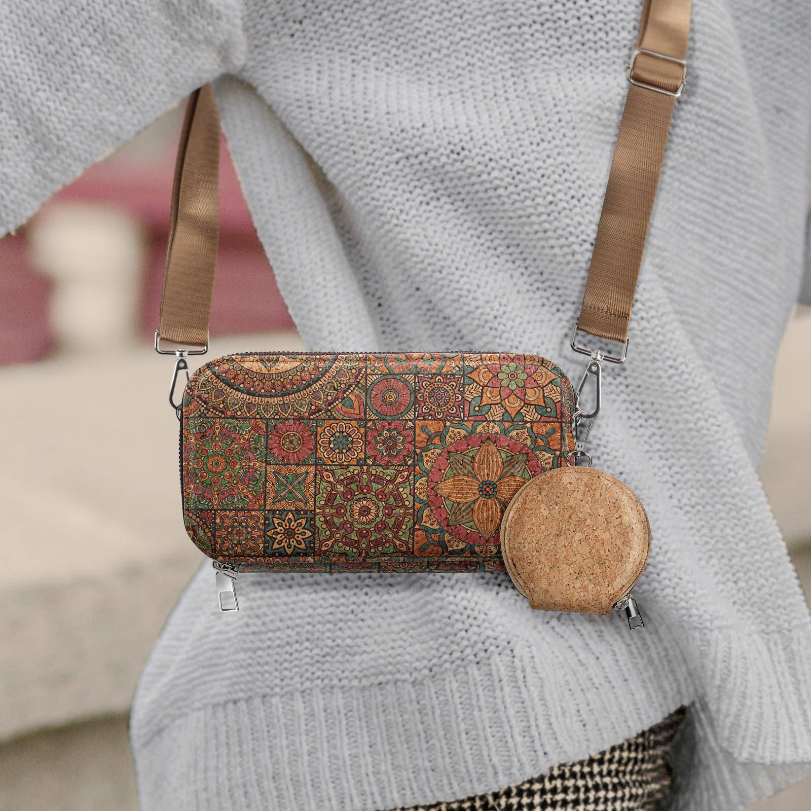 Pochette en Liège Bandoulière Double Grande Poche Zip Motif Mandala-4