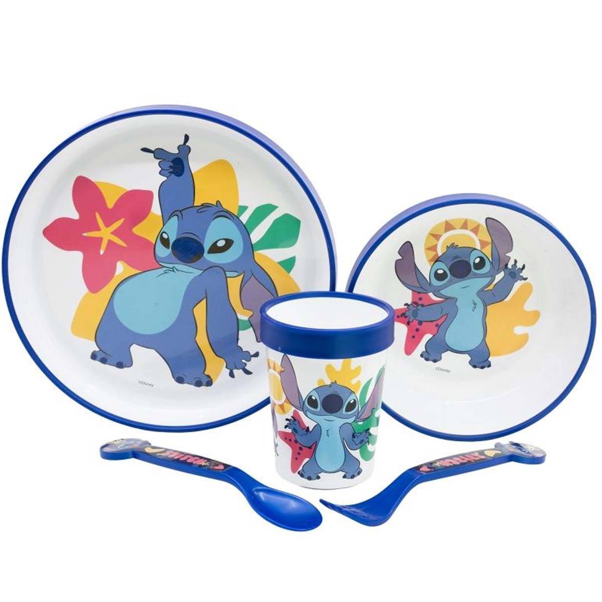Set 5 Pièces Vaisselle Stitch pour Enfant Antidérapants et Micro-ondables-1