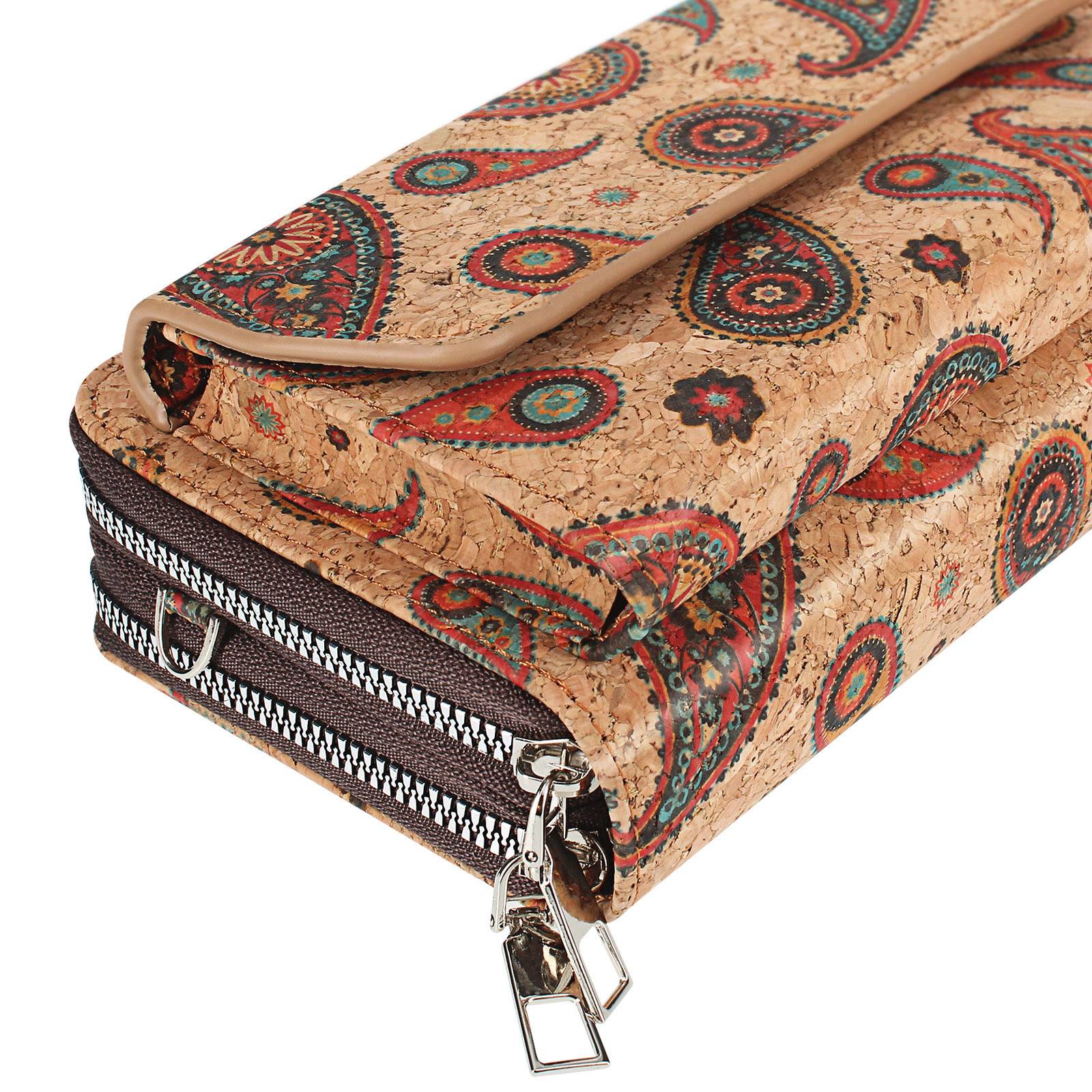 Pochette en Liège Bandoulière Triple Poche Magnétique Motif Cachemire-0