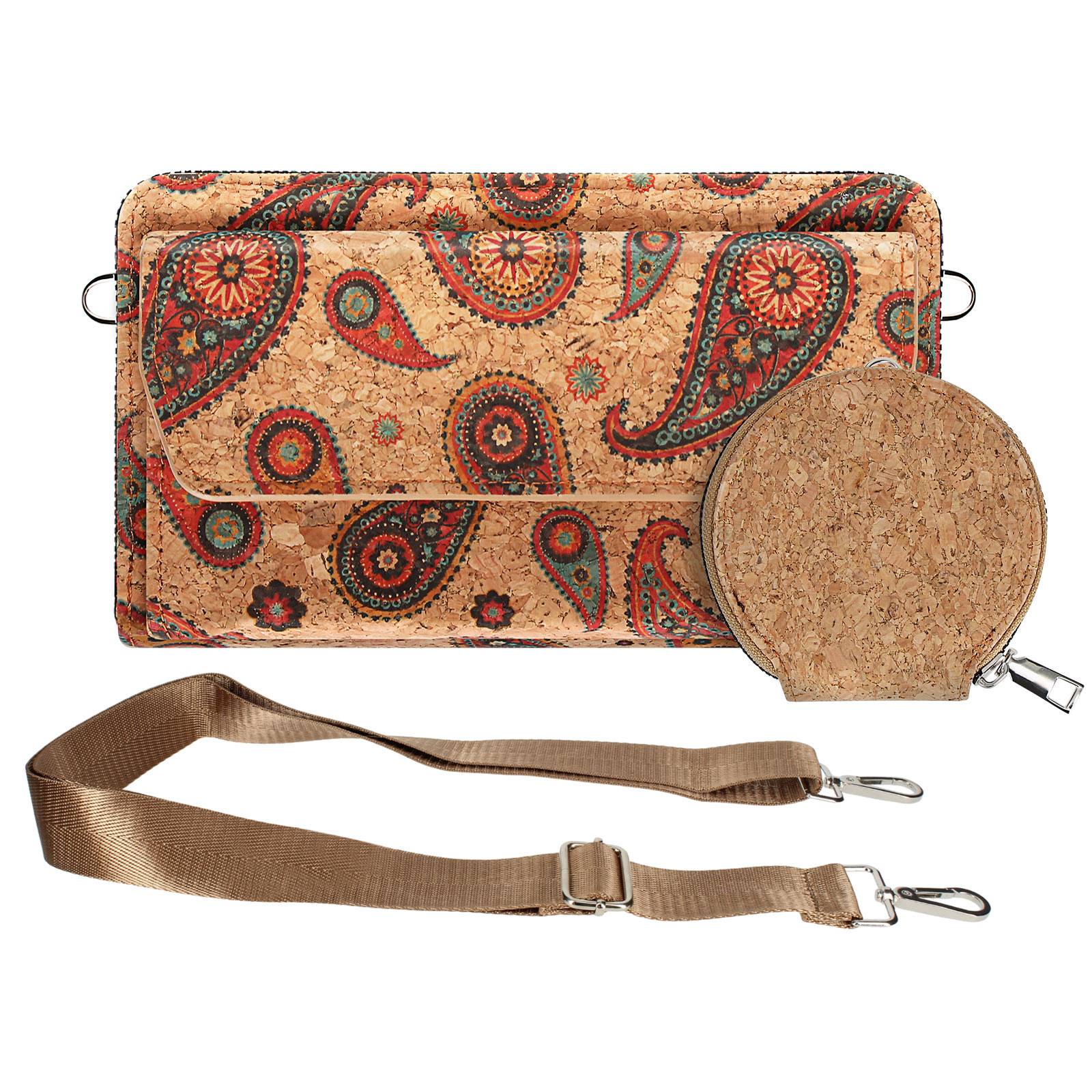 Pochette en Liège Bandoulière Triple Poche Magnétique Motif Cachemire-1