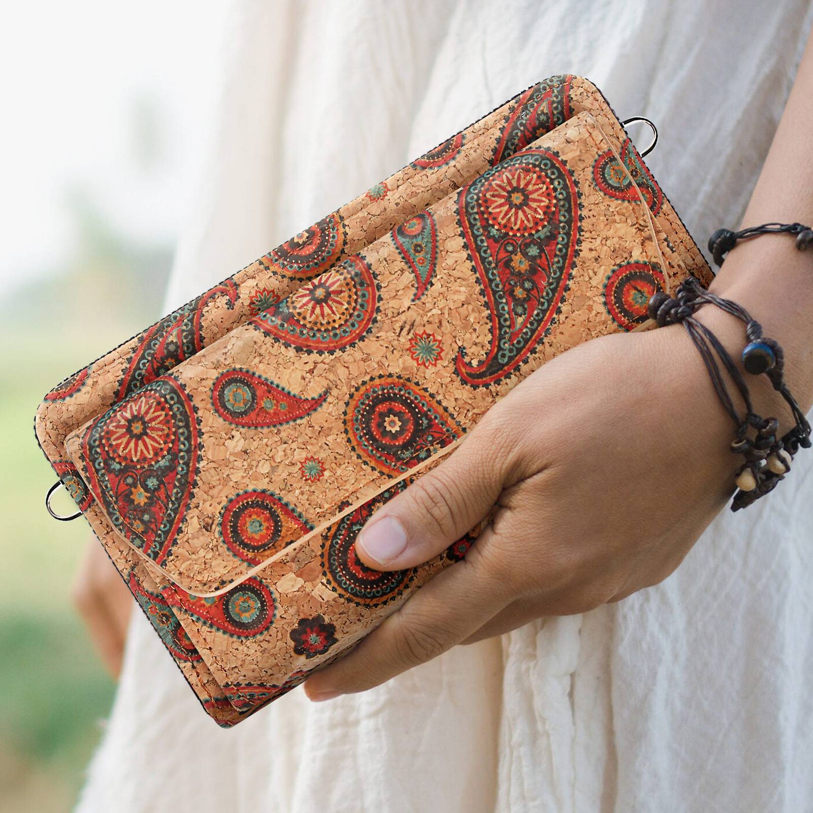 Pochette en Liège Bandoulière Triple Poche Magnétique Motif Cachemire-2