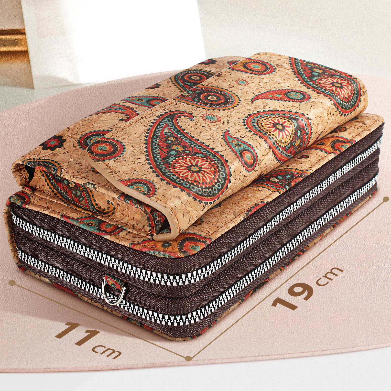 Pochette en Liège Bandoulière Triple Poche Magnétique Motif Cachemire-3