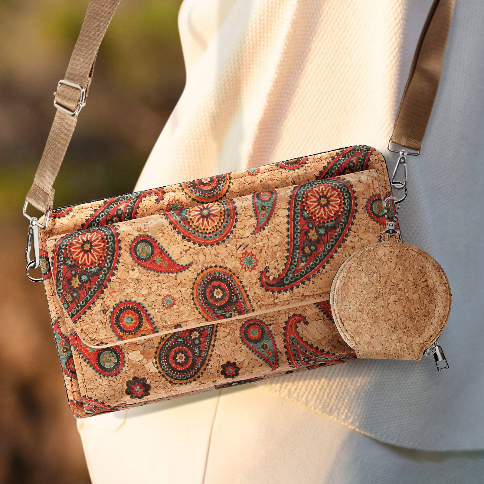Pochette en Liège Bandoulière Triple Poche Magnétique Motif Cachemire-4