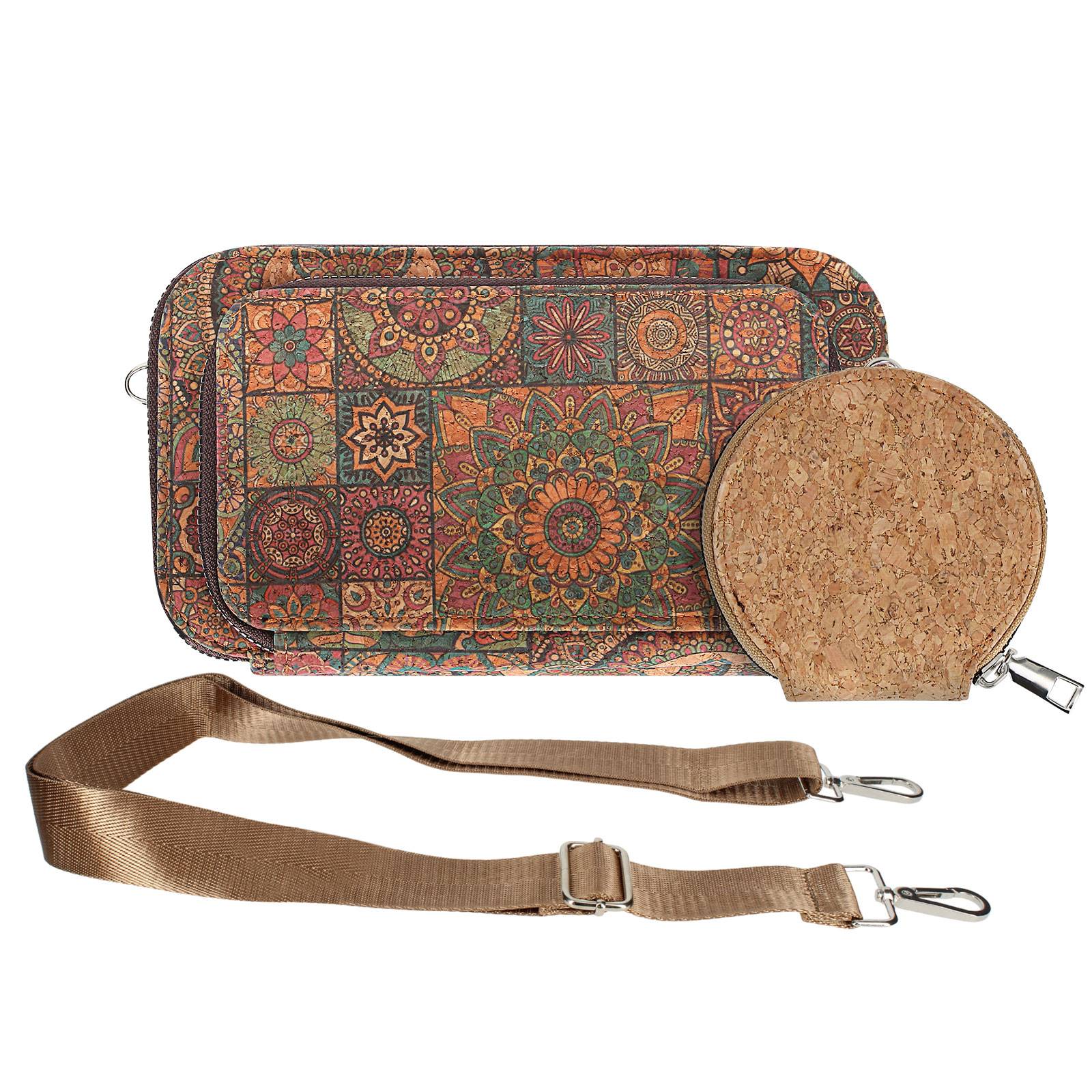 Pochette en Liège Bandoulière Triple Poche Zip Motif Mandala-1