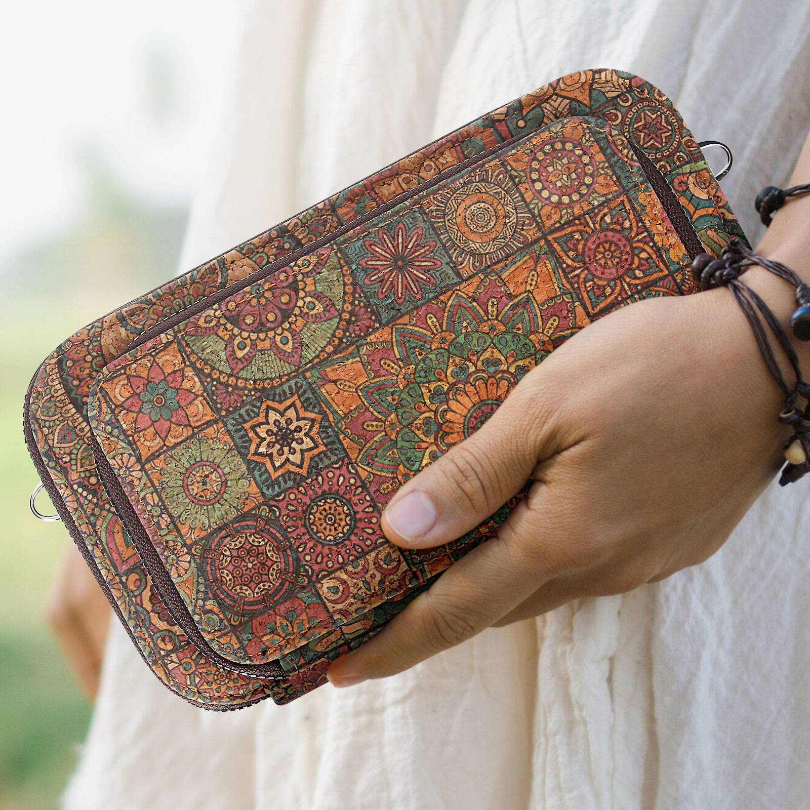 Pochette en Liège Bandoulière Triple Poche Zip Motif Mandala-2