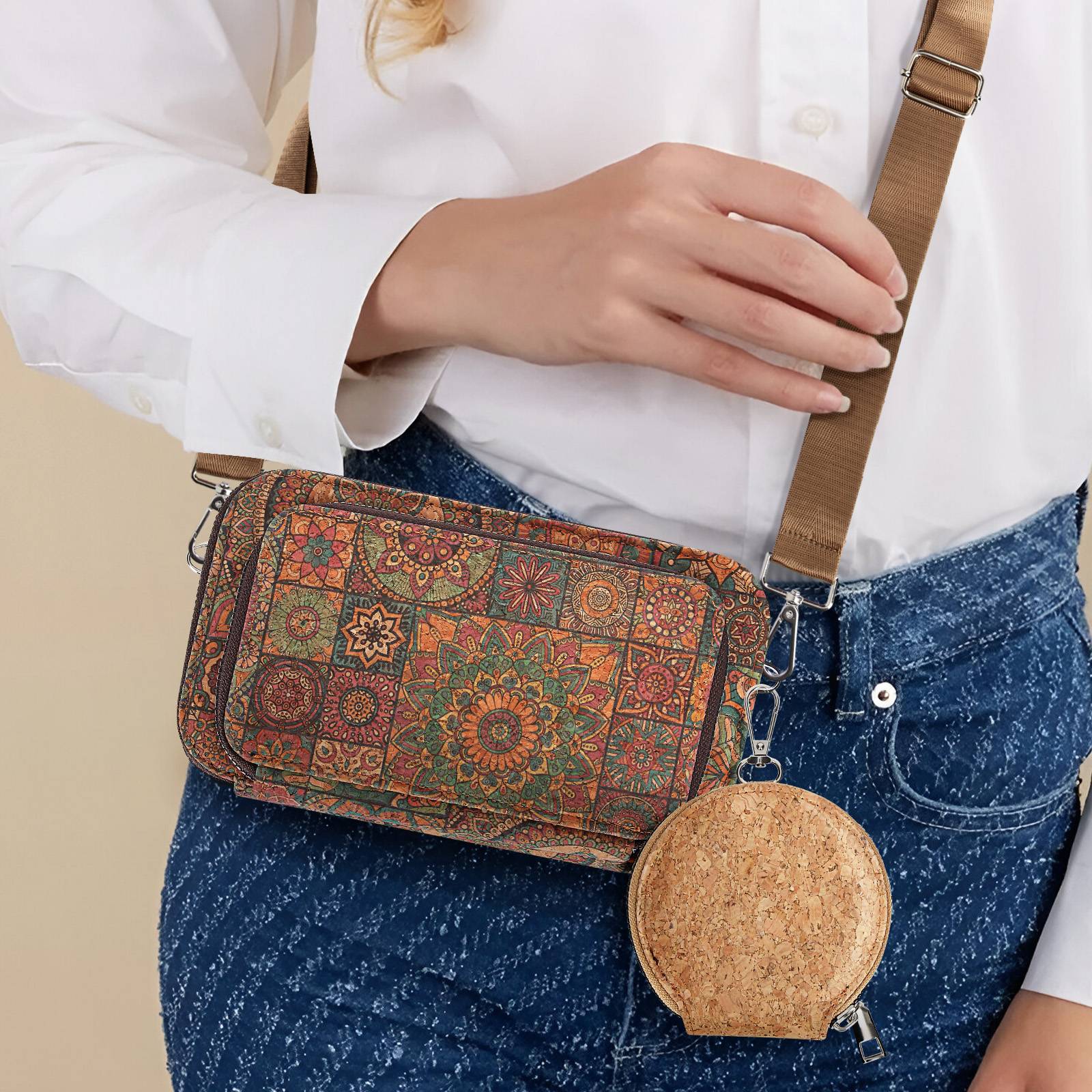 Pochette en Liège Bandoulière Triple Poche Zip Motif Mandala-4