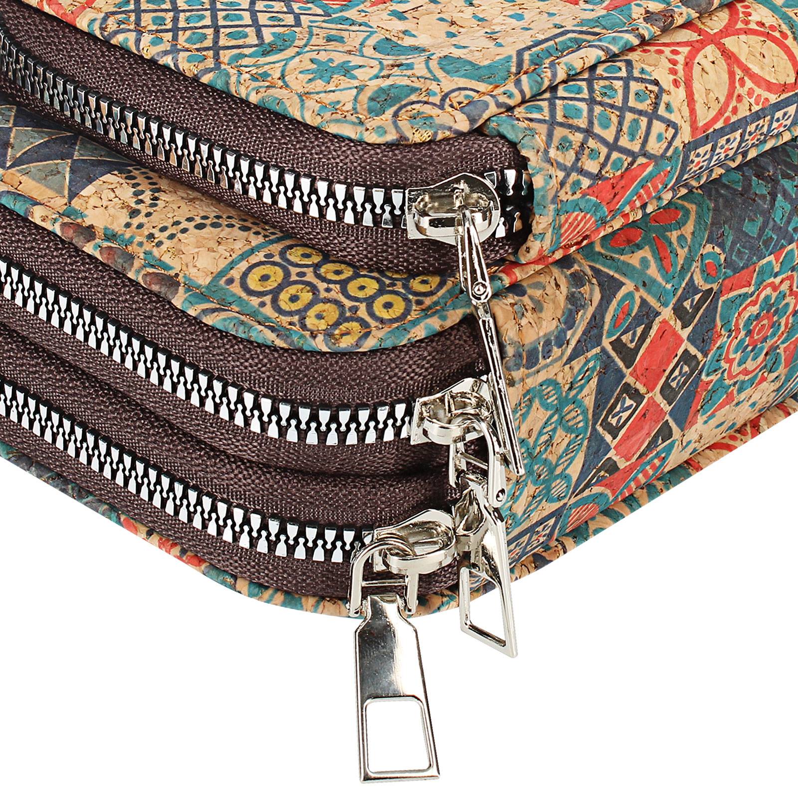 Pochette en Liège Bandoulière Triple Poche Zip Motif Céramique-0