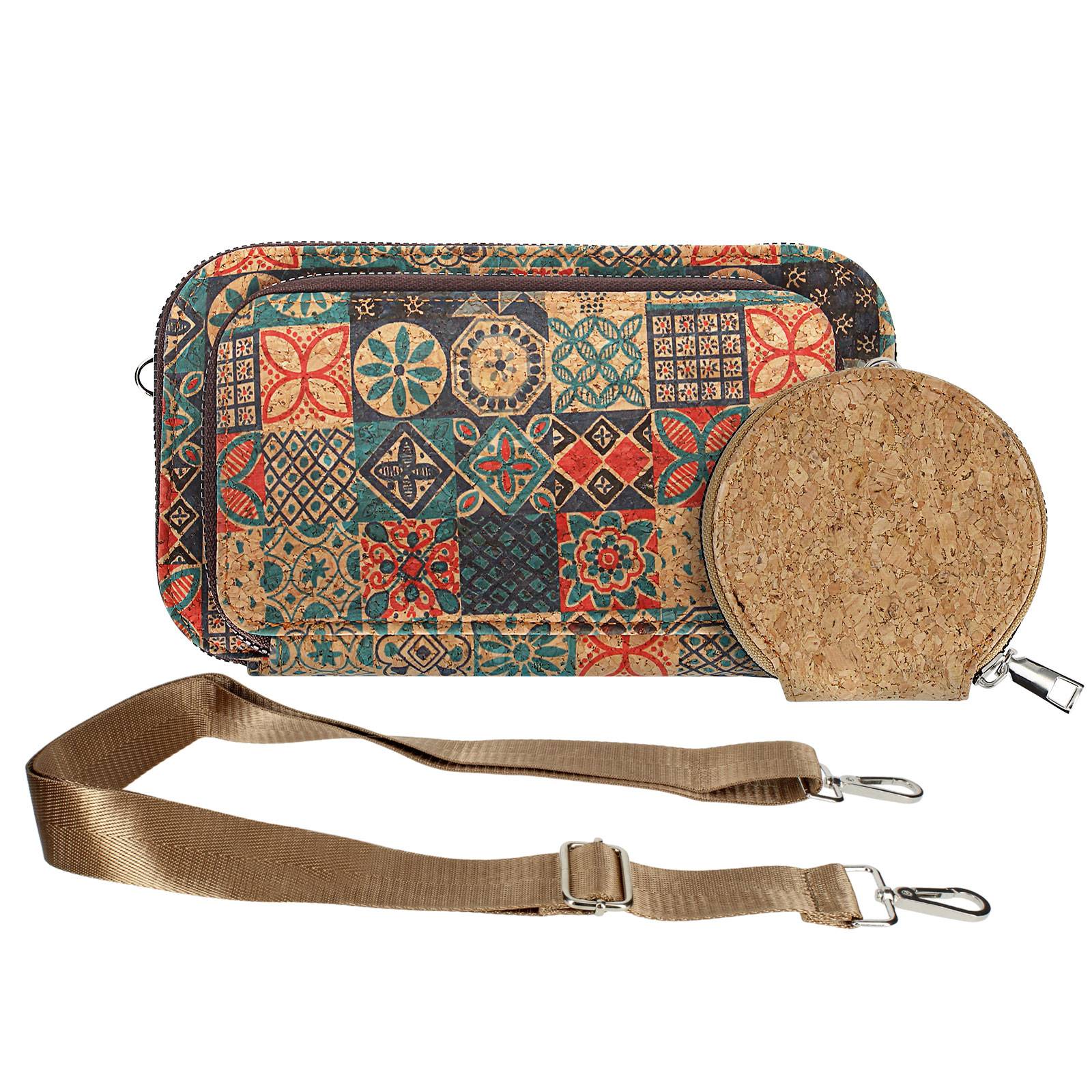 Pochette en Liège Bandoulière Triple Poche Zip Motif Céramique-1