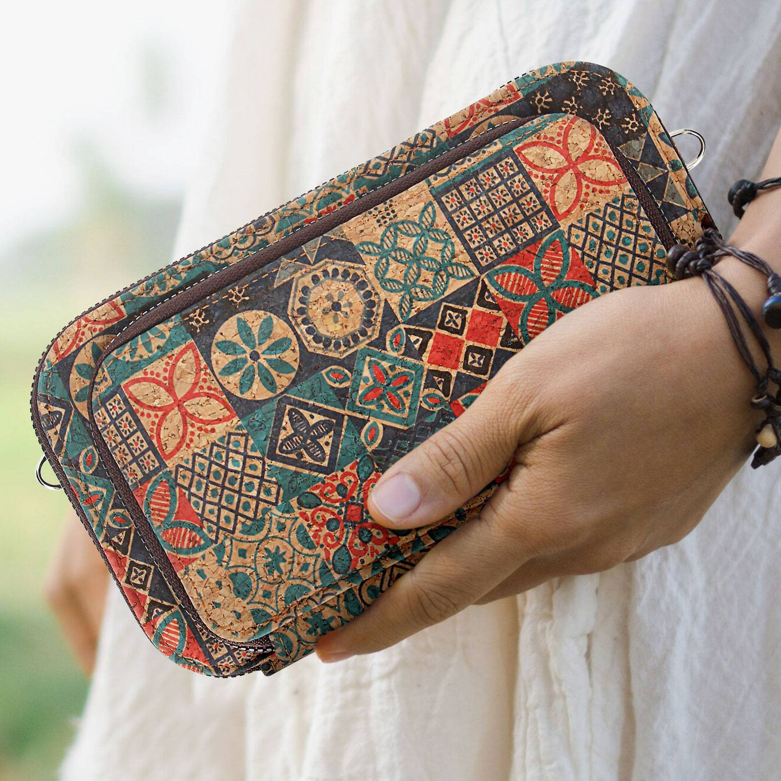 Pochette en Liège Bandoulière Triple Poche Zip Motif Céramique-2