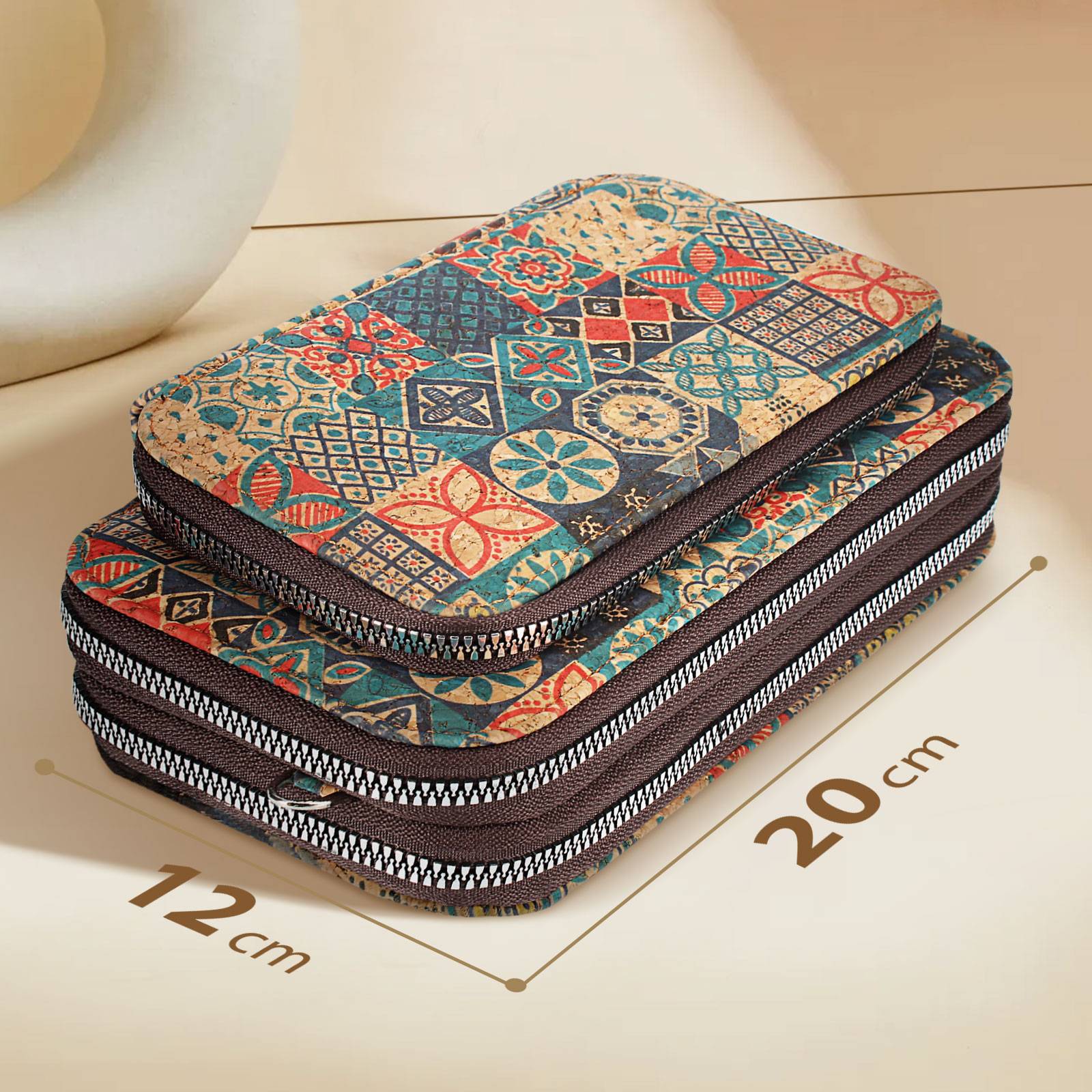 Pochette en Liège Bandoulière Triple Poche Zip Motif Céramique-3