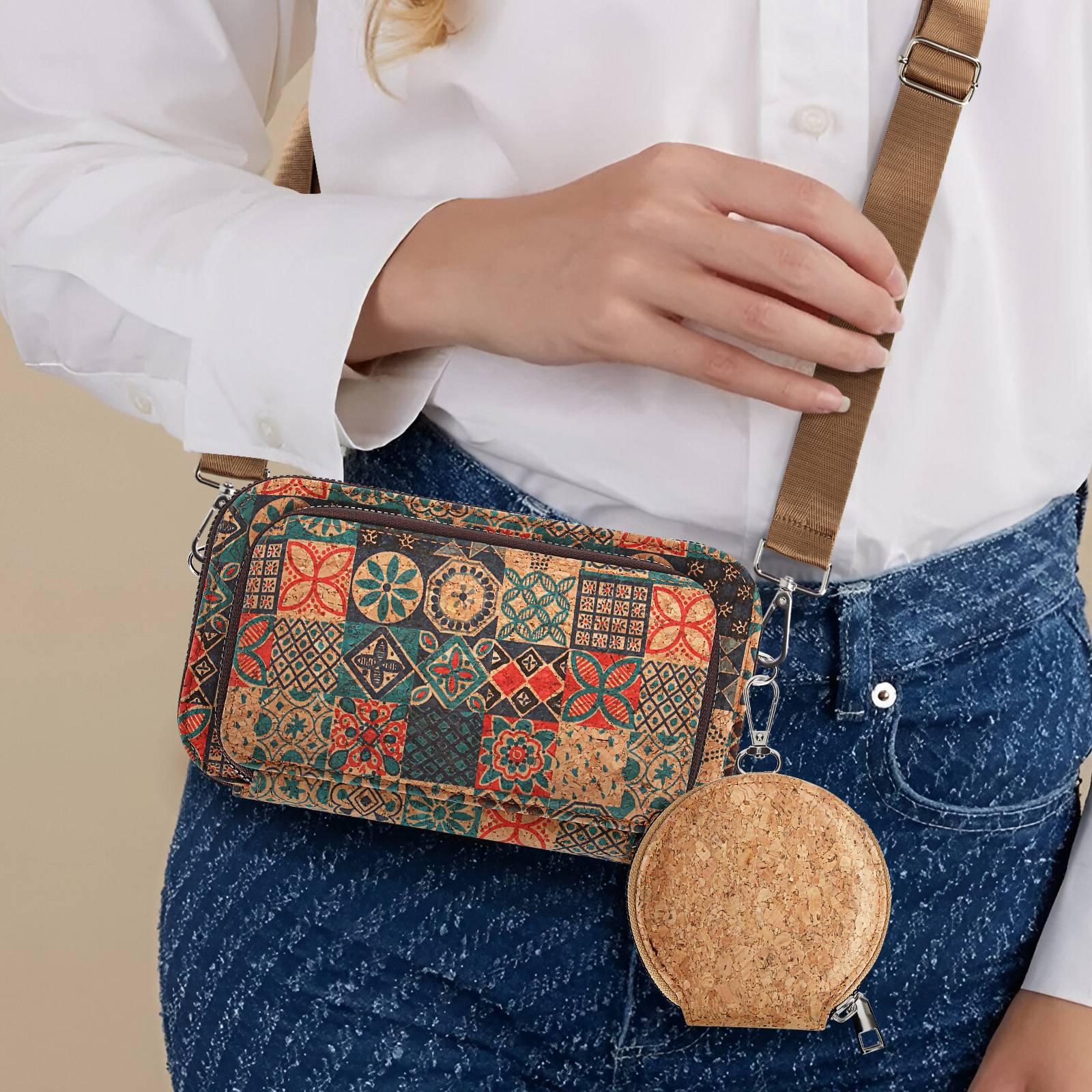Pochette en Liège Bandoulière Triple Poche Zip Motif Céramique-4