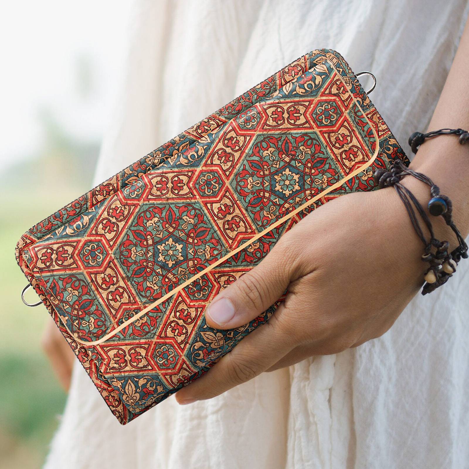 Pochette en Liège Bandoulière Double Poche Magnétique Motif Lys-2