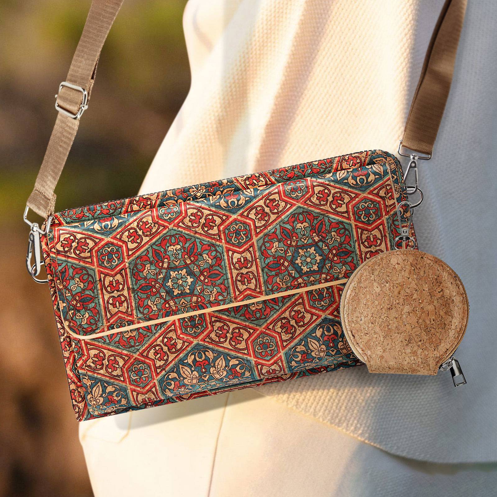 Pochette en Liège Bandoulière Double Poche Magnétique Motif Lys-4
