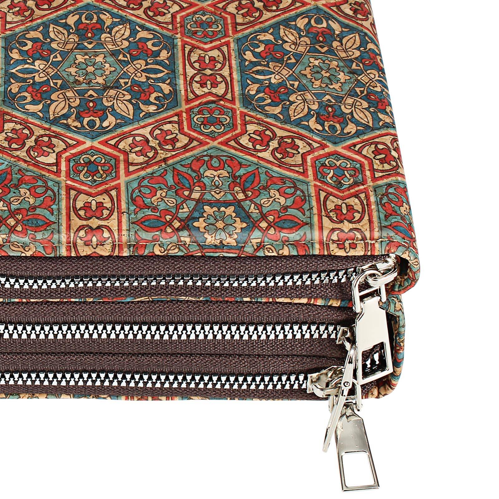 Sacoche en Liège Bandoulière Triple Poche Zip Motif Lys-0