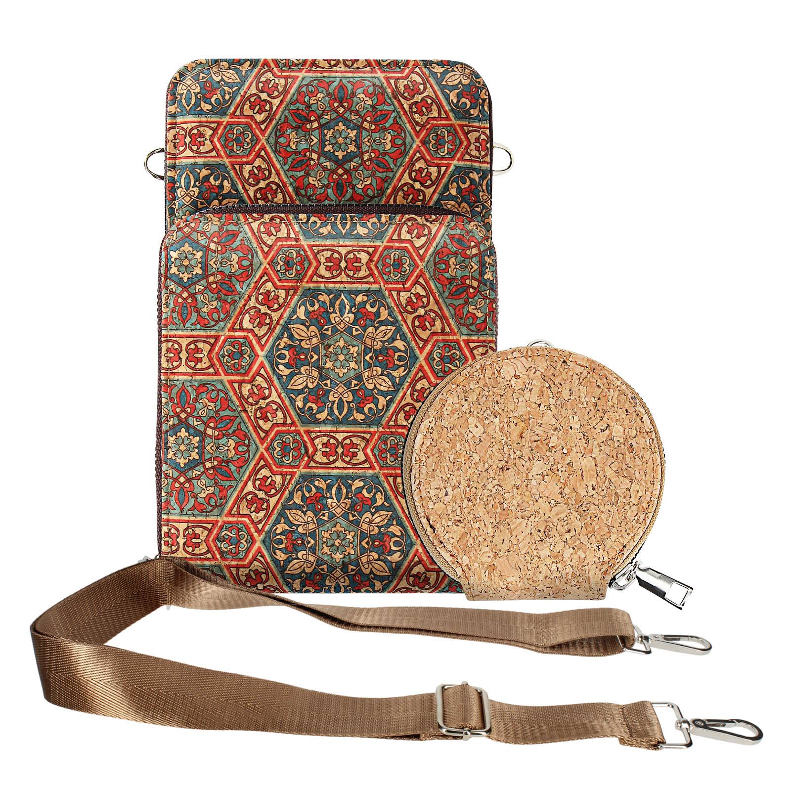 Sacoche en Liège Bandoulière Triple Poche Zip Motif Lys-1