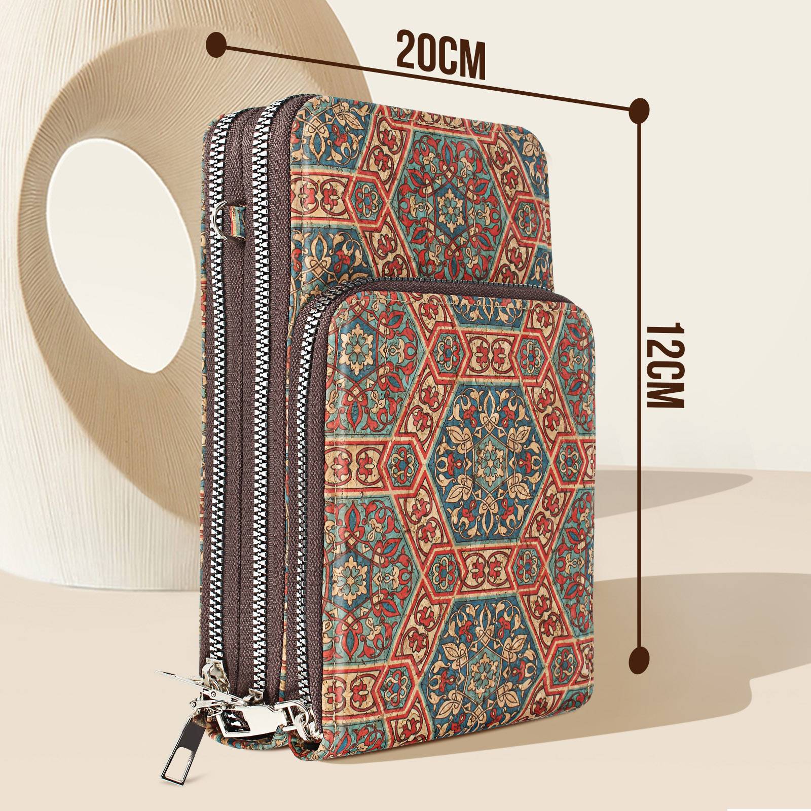 Sacoche en Liège Bandoulière Triple Poche Zip Motif Lys-3