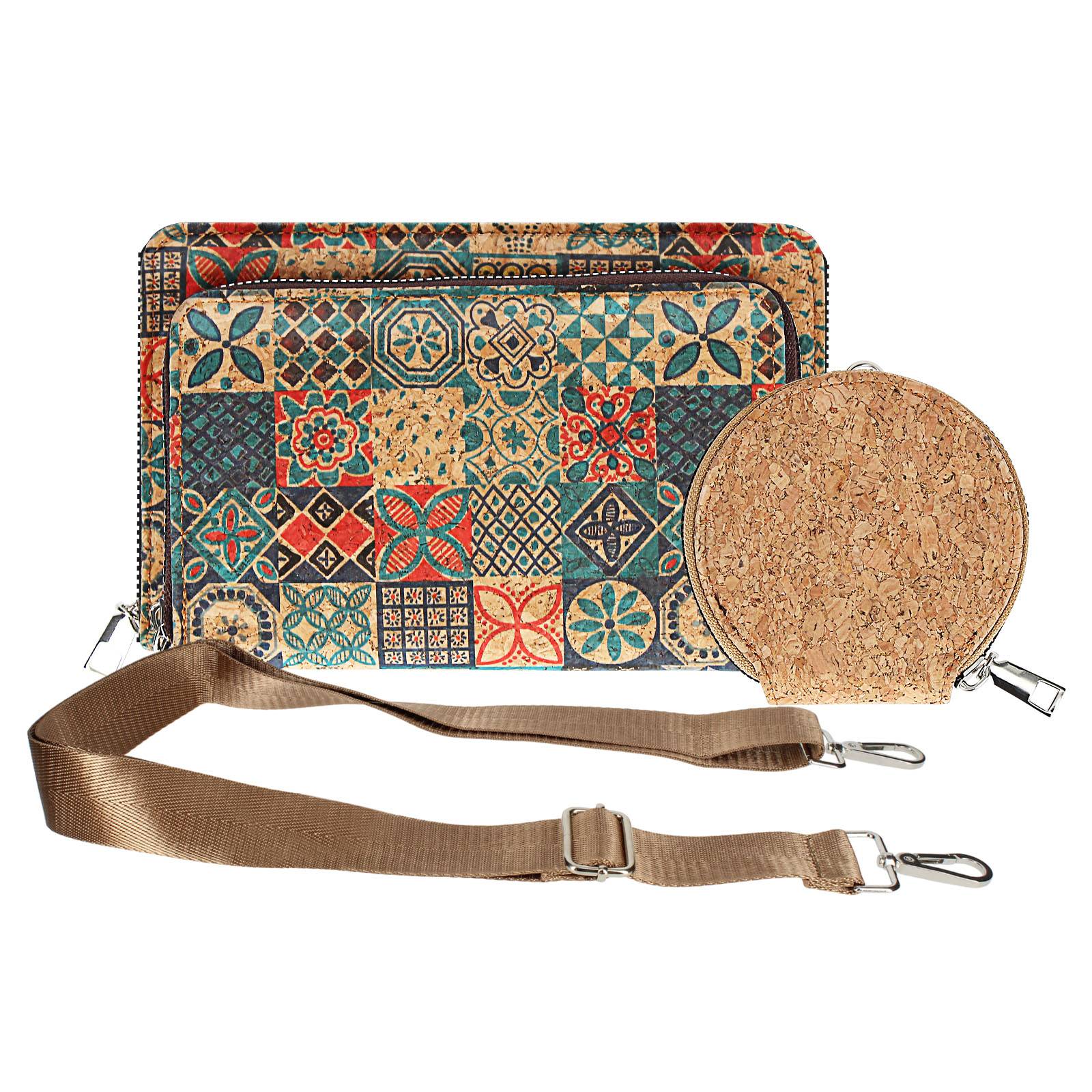 Pochette en Liège Bandoulière Deux Poches Zip Motif Céramique-1
