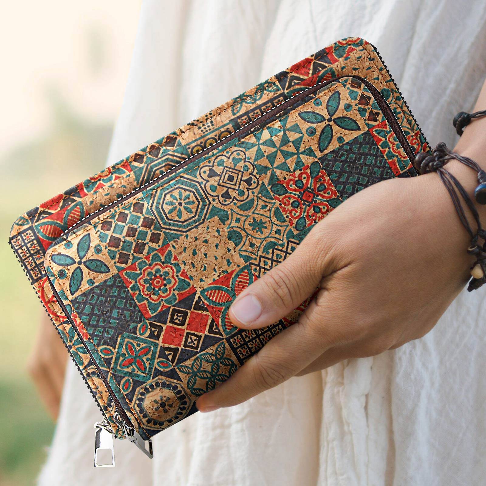 Pochette en Liège Bandoulière Deux Poches Zip Motif Céramique-2