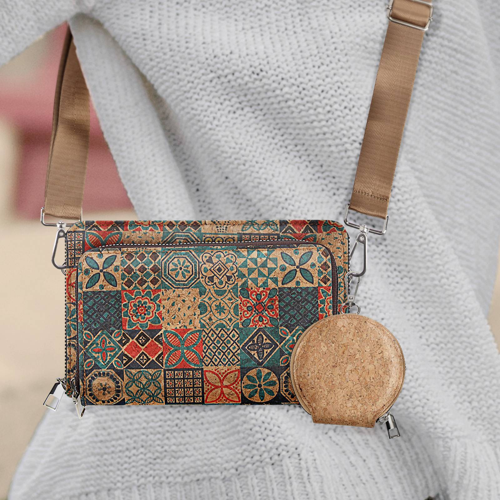 Pochette en Liège Bandoulière Deux Poches Zip Motif Céramique-4